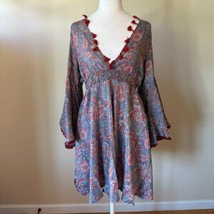 Karma Highway Blue Red Paisley V-neck Tassel Flutter Long Sleeve Mini Dress NWOT